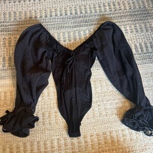 Free People Black Textured Bodysuit